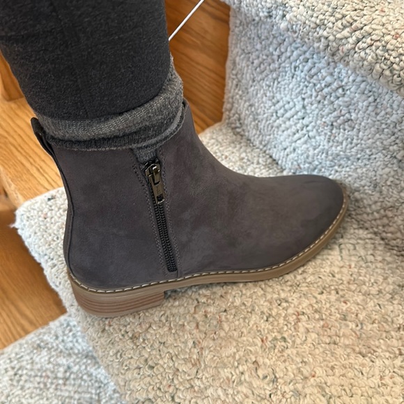 Gray faux suede booties with dual zippers and wood heel look. Universal Thread 7 - Picture 2 of 12